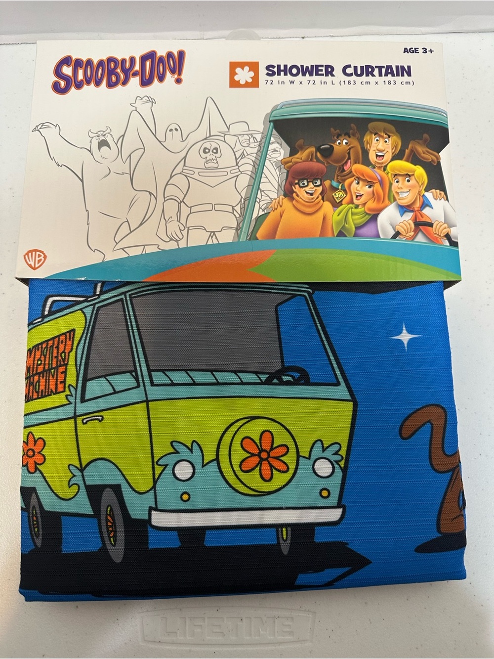 Scooby-Doo Mystery Machine Fabric Shower Curtain 72x72 Blue Haunted House NEW